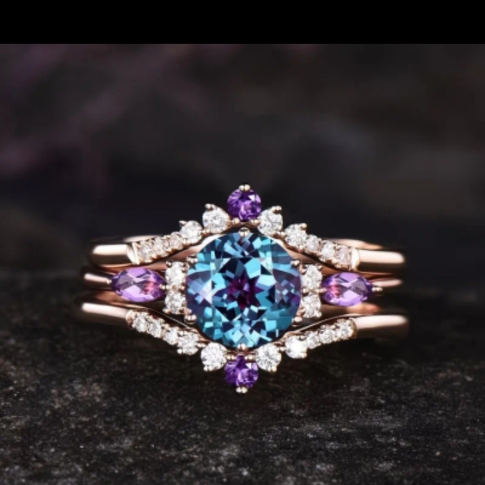 Blue and Purple Crystal Halo Ring Set - Rose Gold